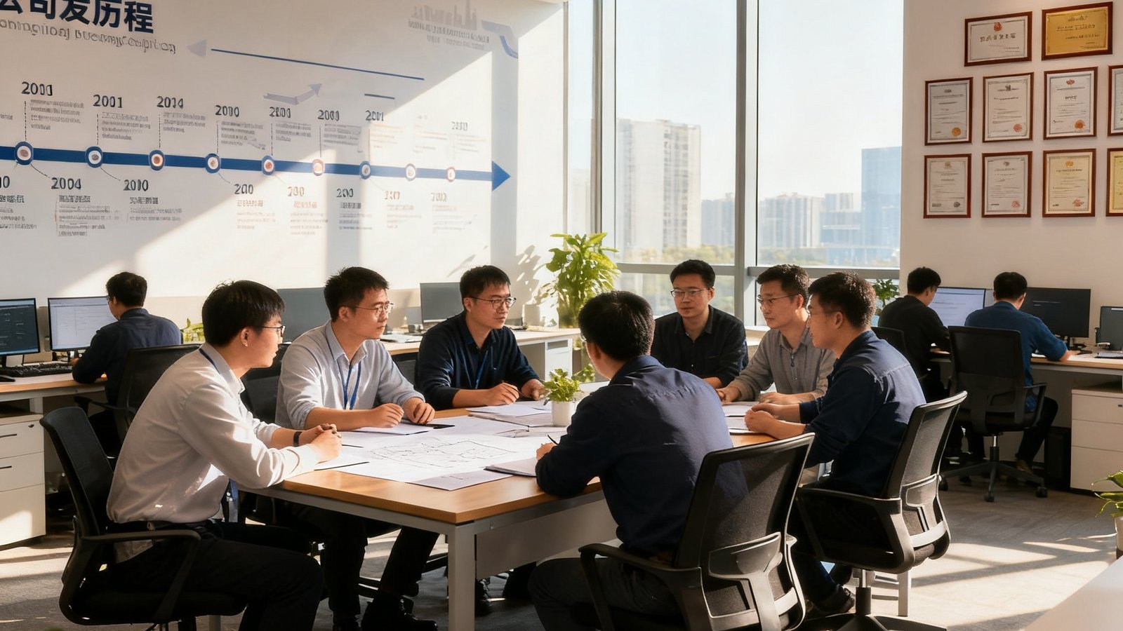 WM视讯厅北京总部开放式办公区内，十余位技术工程师围坐在会议桌前讨论方案，背景墙面展示着公司发展历程时间轴与专利证书墙，阳光透过落地窗洒入，整体氛围专业而温馨。