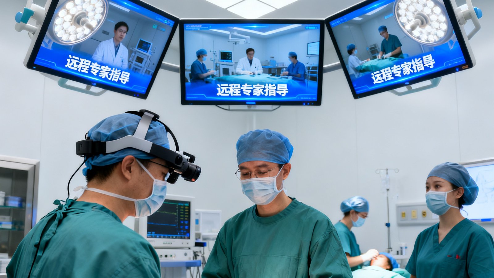 现代化手术室内，主刀医生佩戴头戴式摄像头进行微创手术，手术室上方悬挂多角度高清屏幕实时显示远程专家指导画面，麻醉师与护士各司其职，整体环境洁净明亮，设备先进齐全。