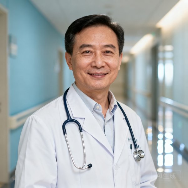 复旦大学附属华山医院神经外科李主任的正面半身职业照，他身着白大褂，背景为医院走廊，面带微笑，神情自信而温和。