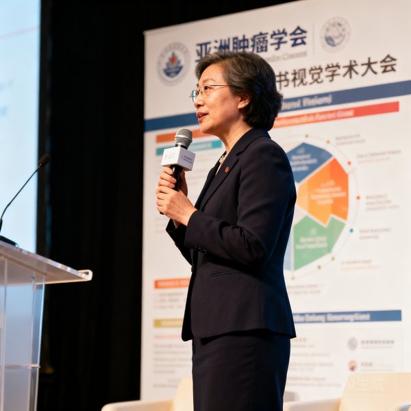 亚洲肿瘤学会秘书长林博士在学术会议现场的侧身照，她手持话筒站在讲台上，背景是大会主视觉展板，身着深色职业套装，气质干练。