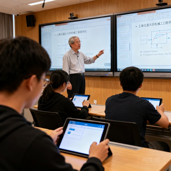 上海交通大学机械工程学院王教授在智慧教室授课时的抓拍照片，他站在双屏互动白板前讲解，教室内学生正通过平板参与互动，场景充满现代教育气息。